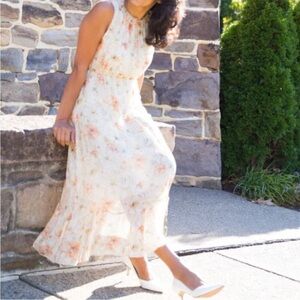 Le Regazze Silk Blend Floral Midi Dress Made in Italy Large Peaches and Cream